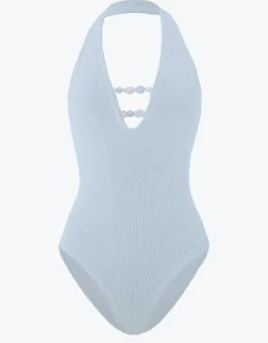 Adriana Beaded Swimsuit - Metallic Ice Blue