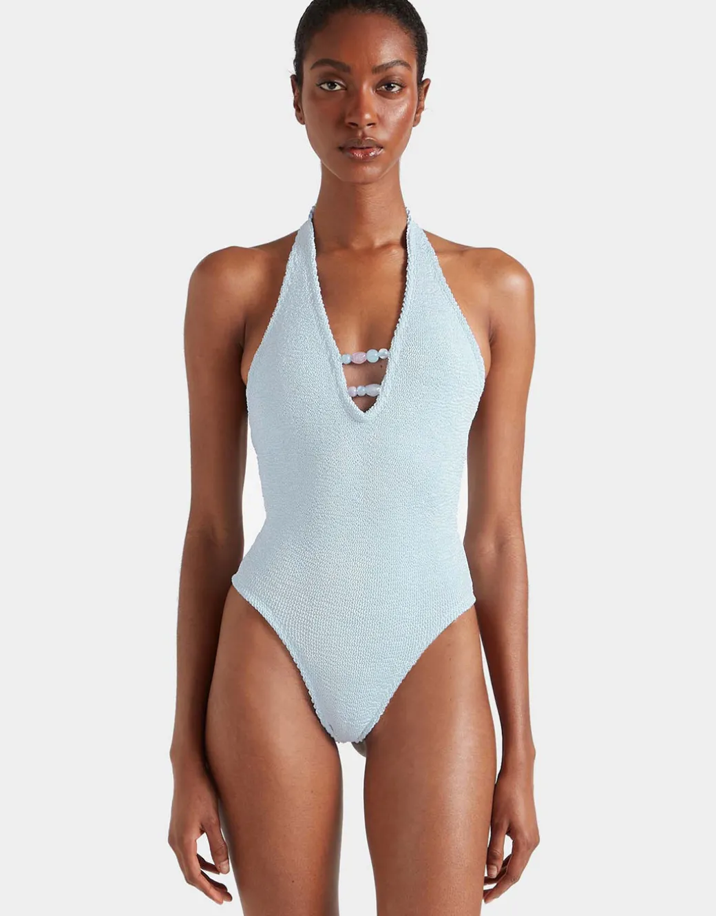 Adriana Beaded Swimsuit - Metallic Ice Blue