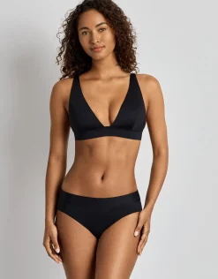 Beach Club Solids Banded Tall V Neck Bra Bikini Top - Black
