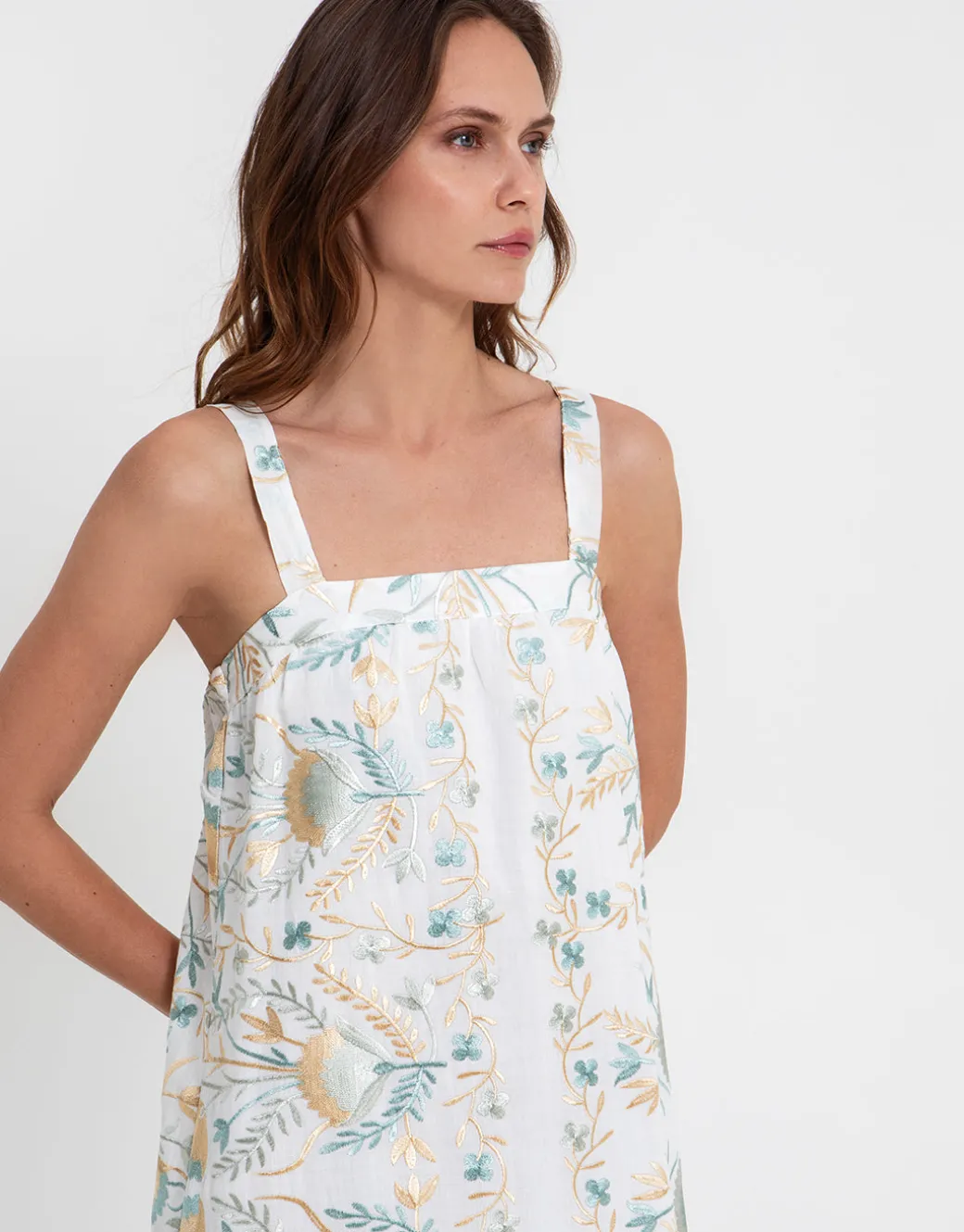 Blossom Wide Strap Dress - White and Multi Green