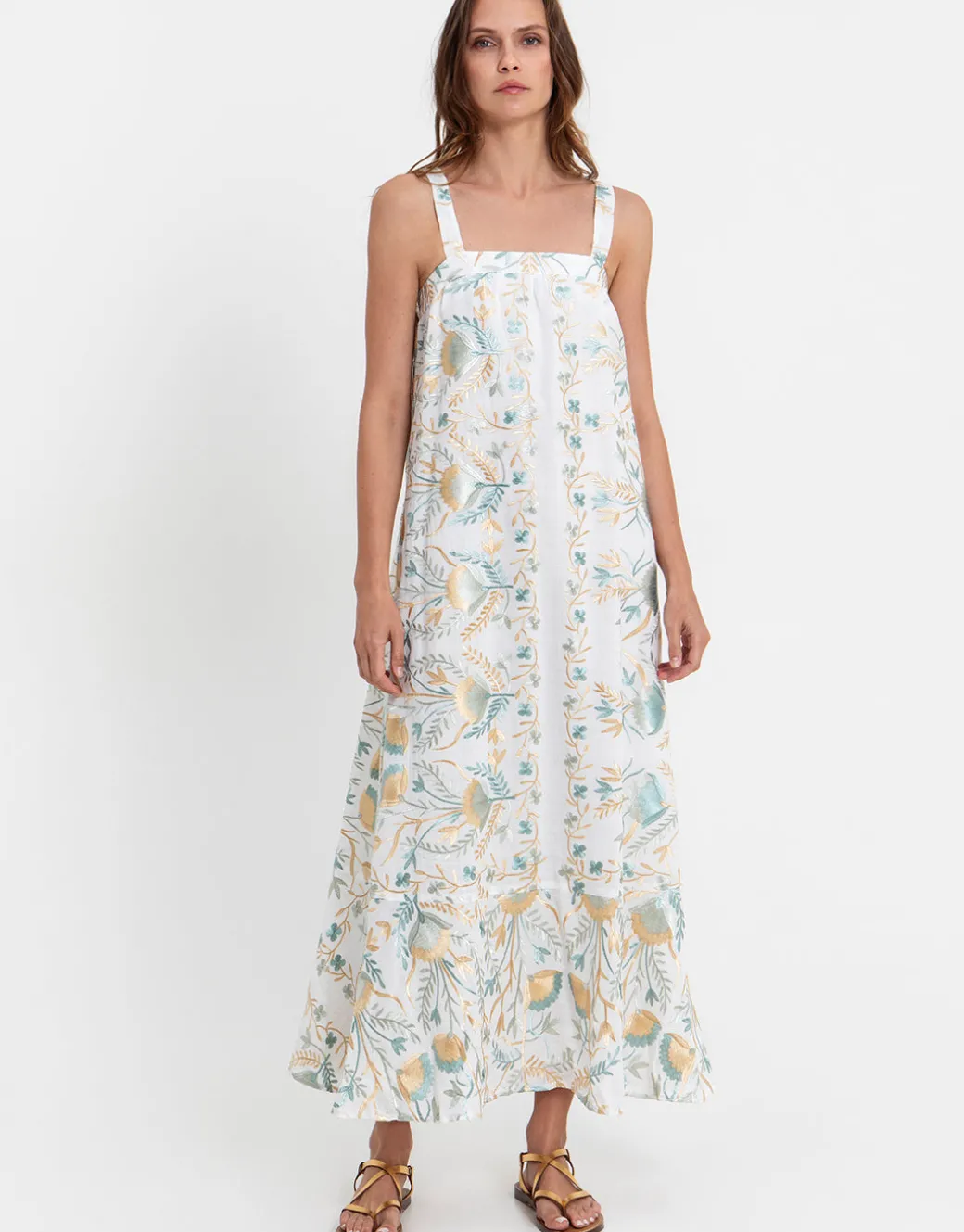 Blossom Wide Strap Dress - White and Multi Green