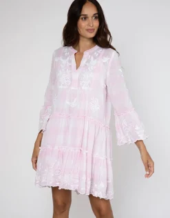Butterfly Gingham Flared Sleeve Dress - Pink