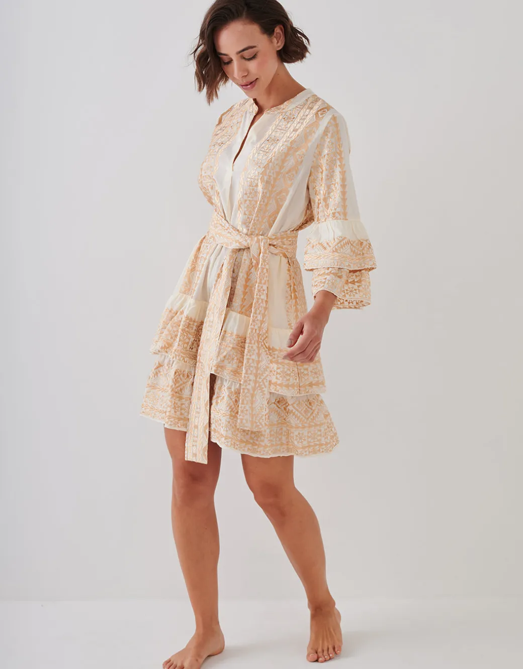 Classic Triangle Layered Mini Dress with Sash - Natural and Gold