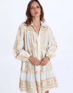 Classic Triangle Long Sleeve Mini Dress - White and Gold