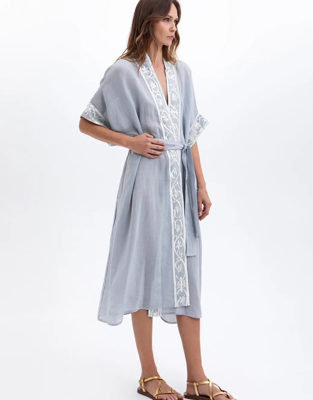Crete Midi Kimono - Light Grey and Champagne