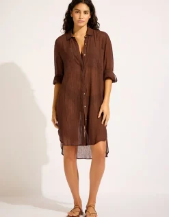 Crinkle Twill Beach Shirt - Dark Chocolate