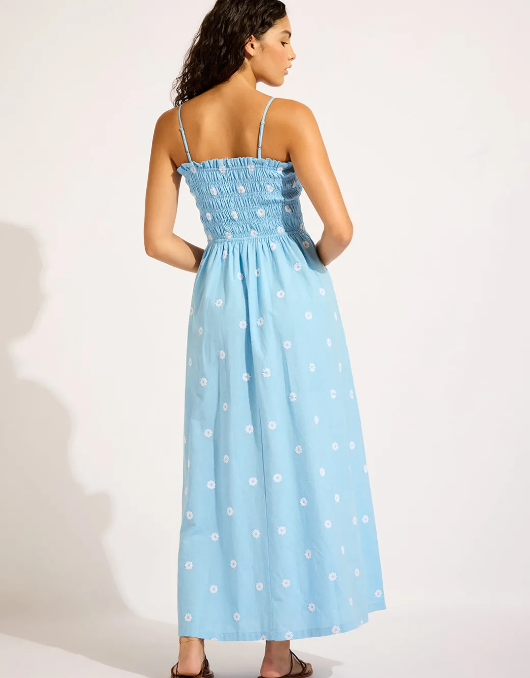 Daisy Chain Shirred Maxi Dress - Powder Blue