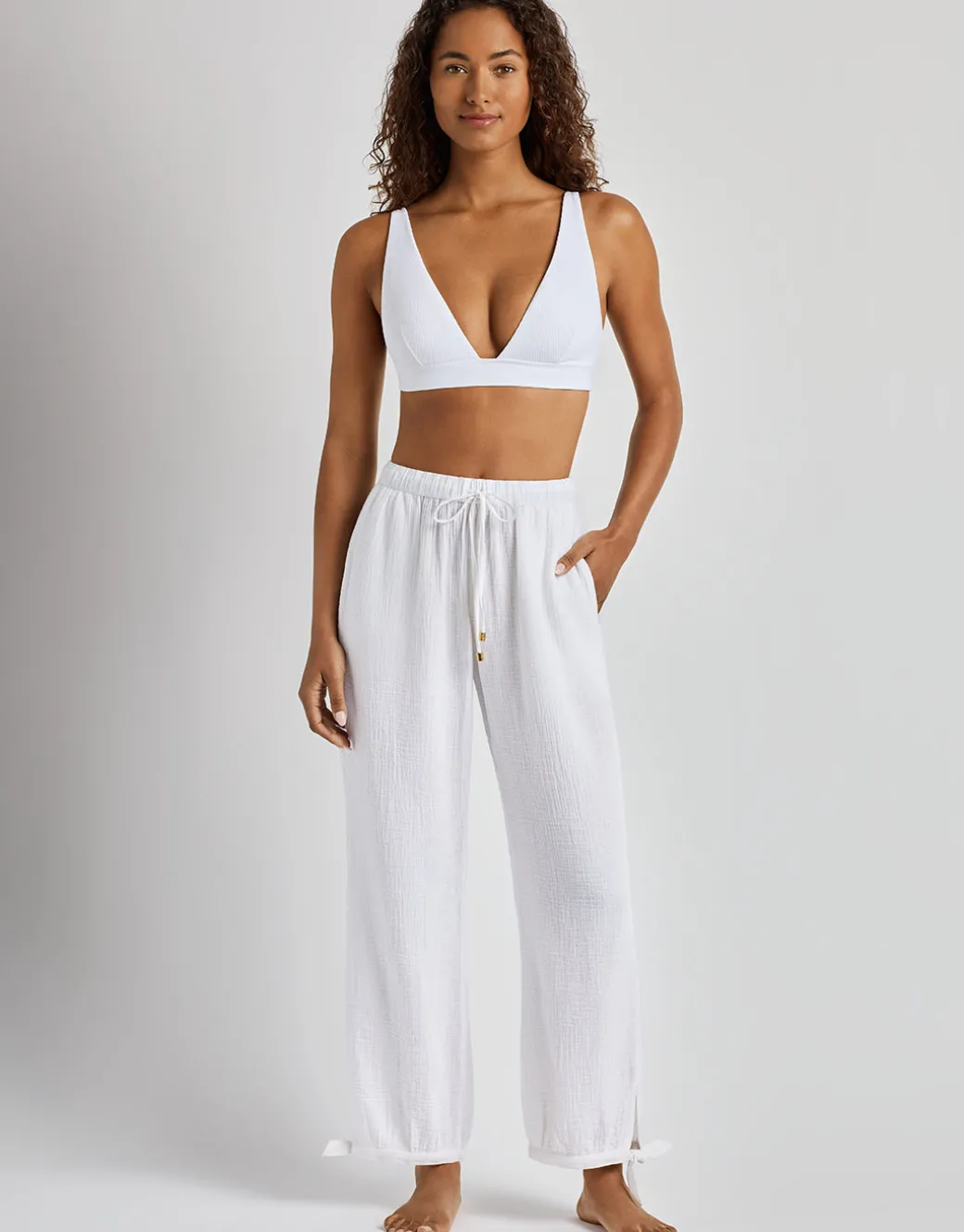 Double Gauze Ankle Tie Pant - White