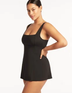 Essentials Square Neck Swim Dress - Black