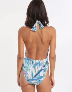 Exotic Paradise Deep Plunge High Neck Swimsuit - Multi Blue