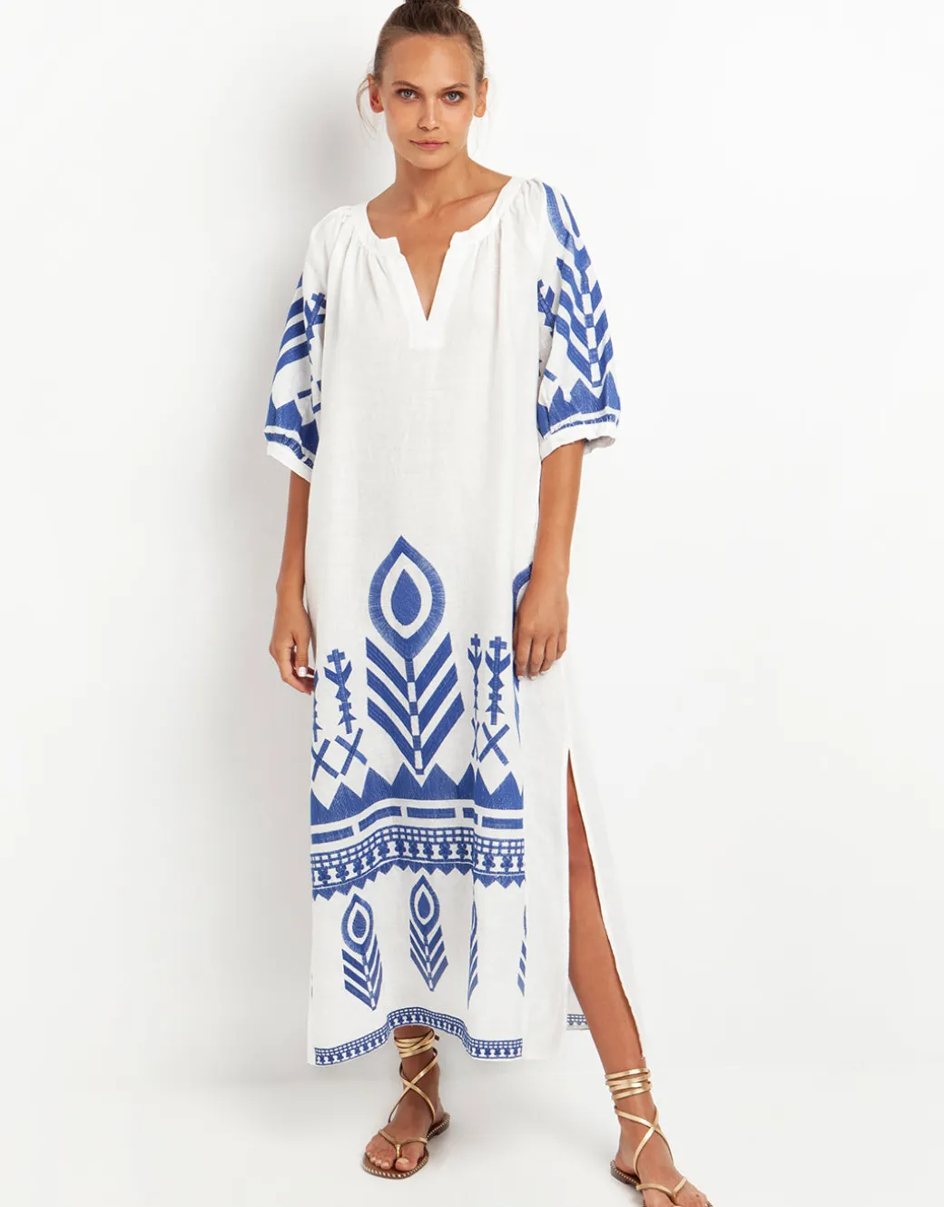 Feather Kaftan Dress - White and Blue