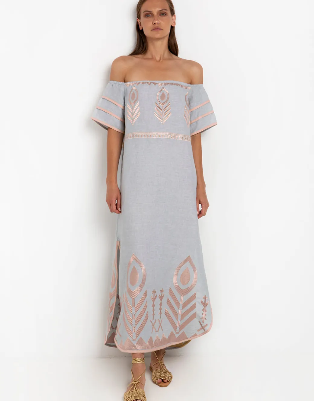 Feather Off The Shoulder Dress - Light Grey and Pink Bronze