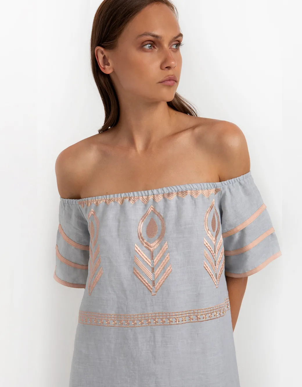 Feather Off The Shoulder Dress - Light Grey and Pink Bronze