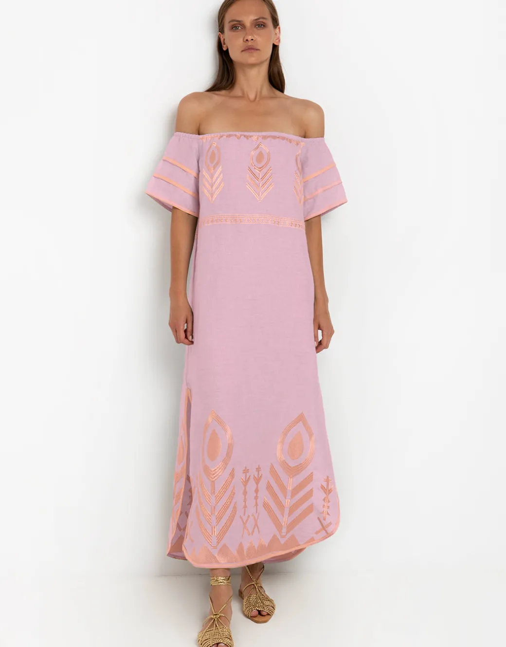 Feather Off The Shoulder Dress - Pink and Pink Bronze