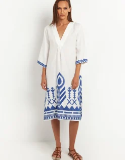 Feather V Neck Midi Kaftan - White and Blue