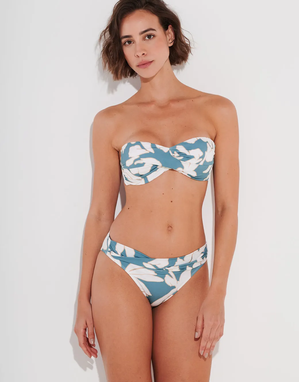 Floral Abstract Twist Bandeau Bikini Top - Puffy Sky