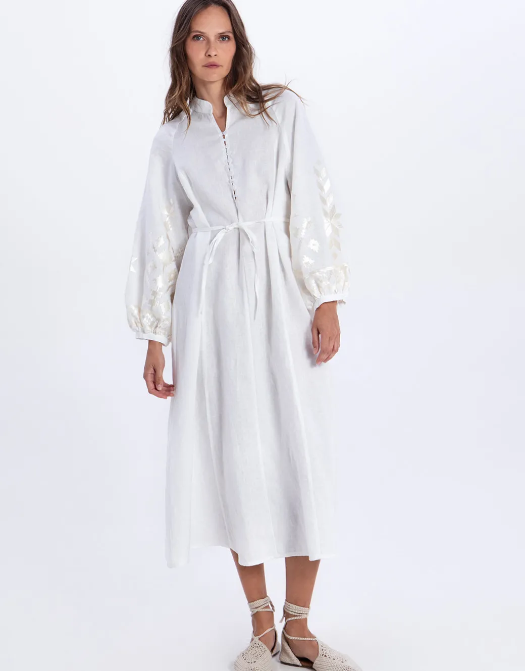 Ios Button Front Kaftan Dress - White and Champagne