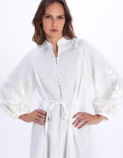 Ios Button Front Kaftan Dress - White and Champagne