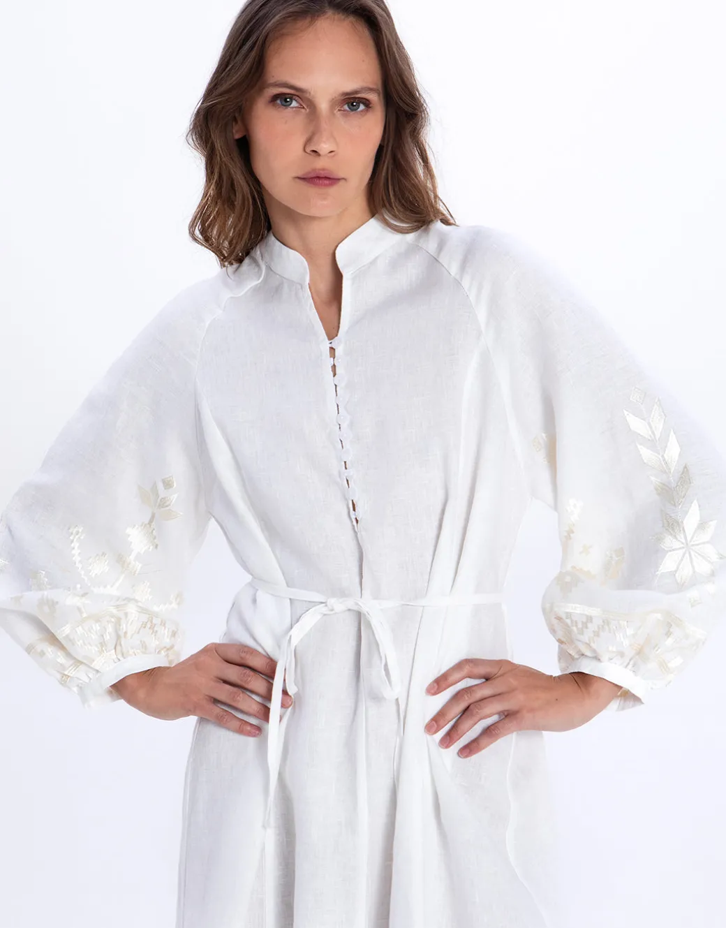 Ios Button Front Kaftan Dress - White and Champagne