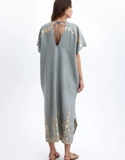 Ios Midi Kaftan - Light Grey and Gold
