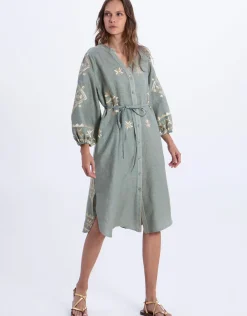 Lefkada Midi Shirt Dress - Sage and Gold