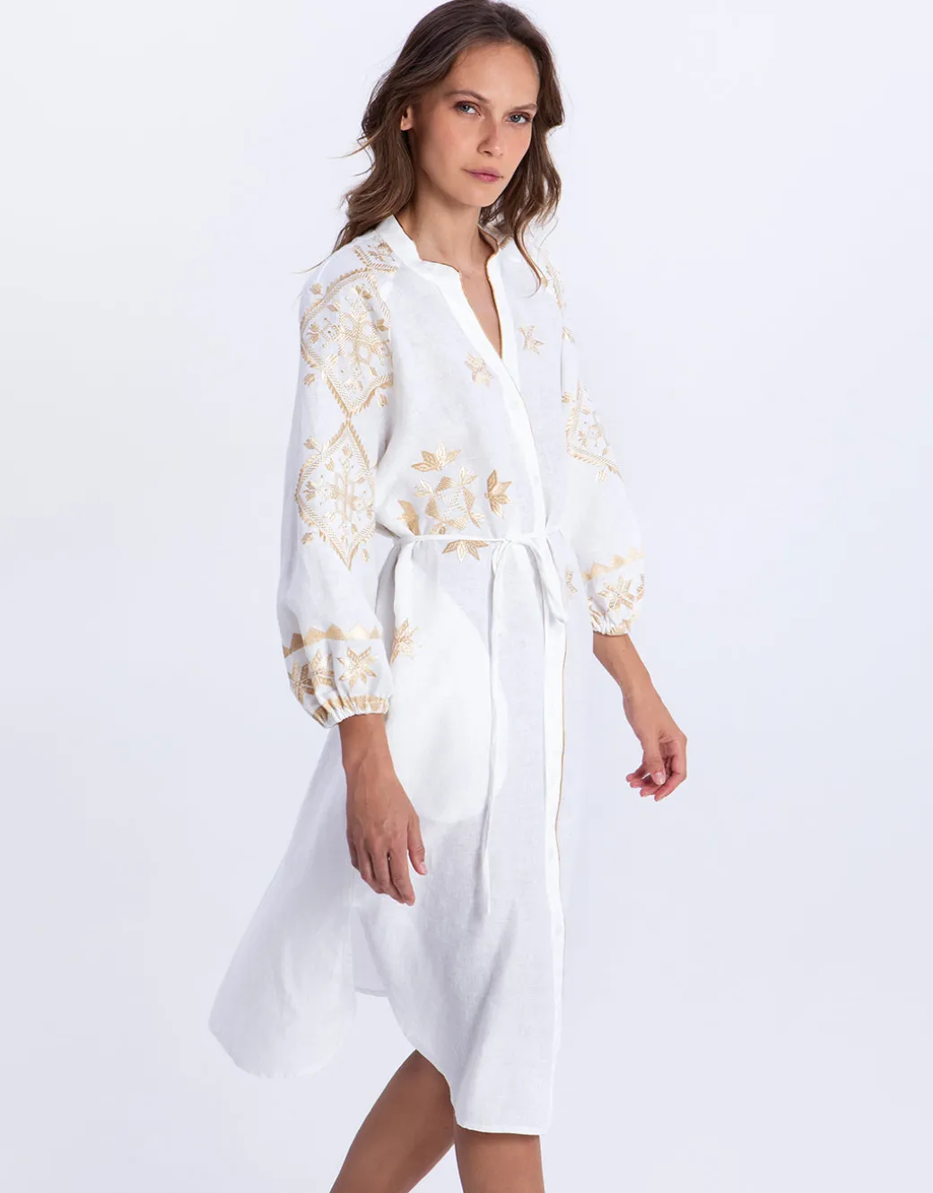 Lefkada Midi Shirt Dress - White and Gold