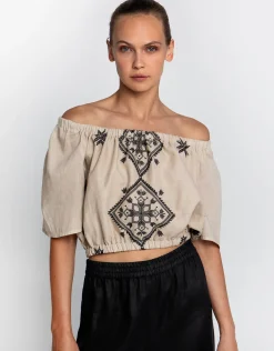 Lefkada Off the Shoulder Top - Beige and Black