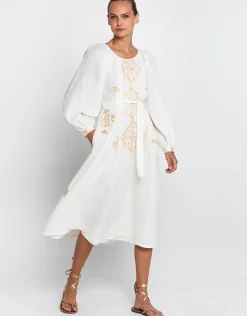 Lefkada Round Neck Midi Kaftan Dress - Natural and Gold