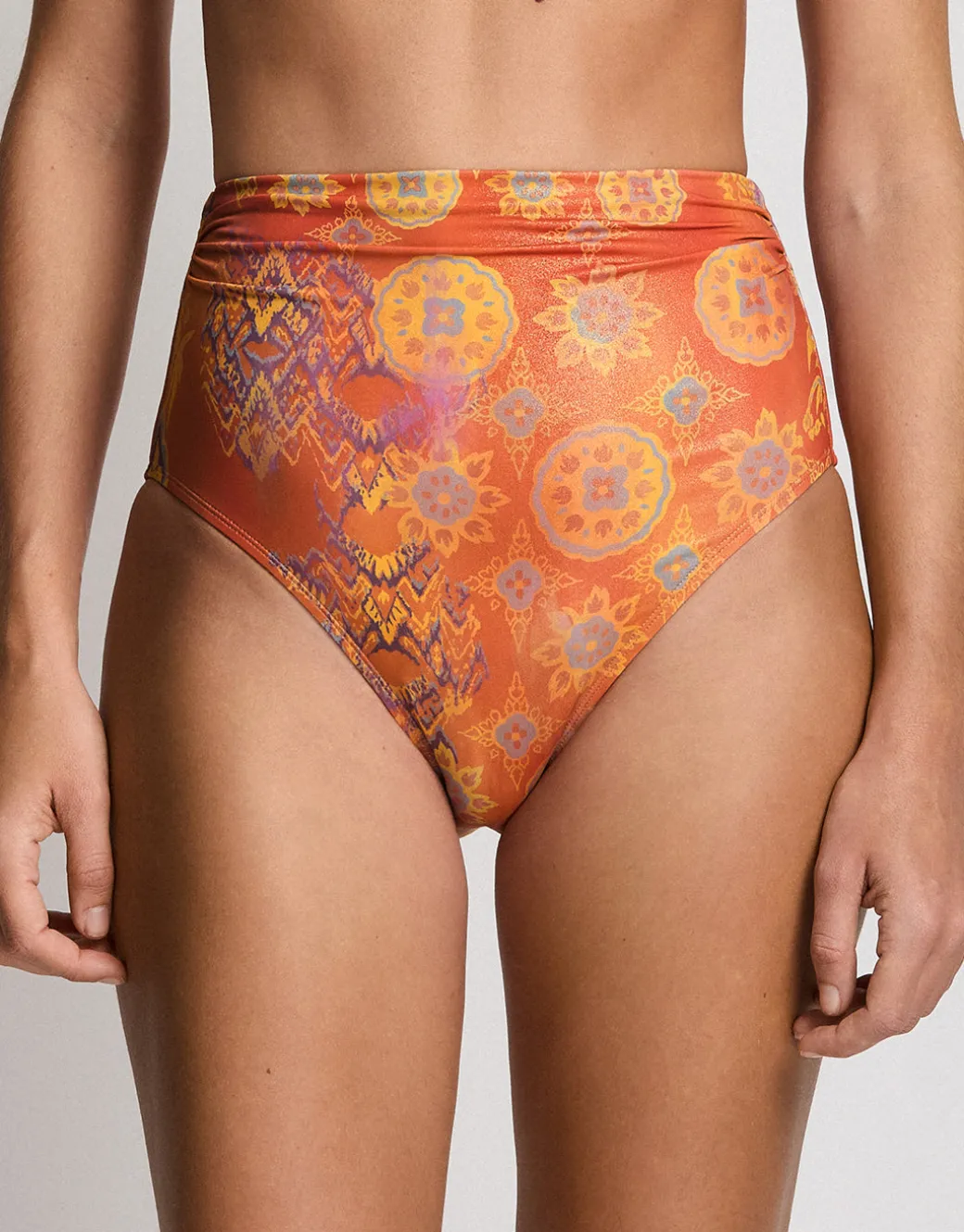 Medallion Shimmer Semi Shirred High Waist Bikini Pant - Multi