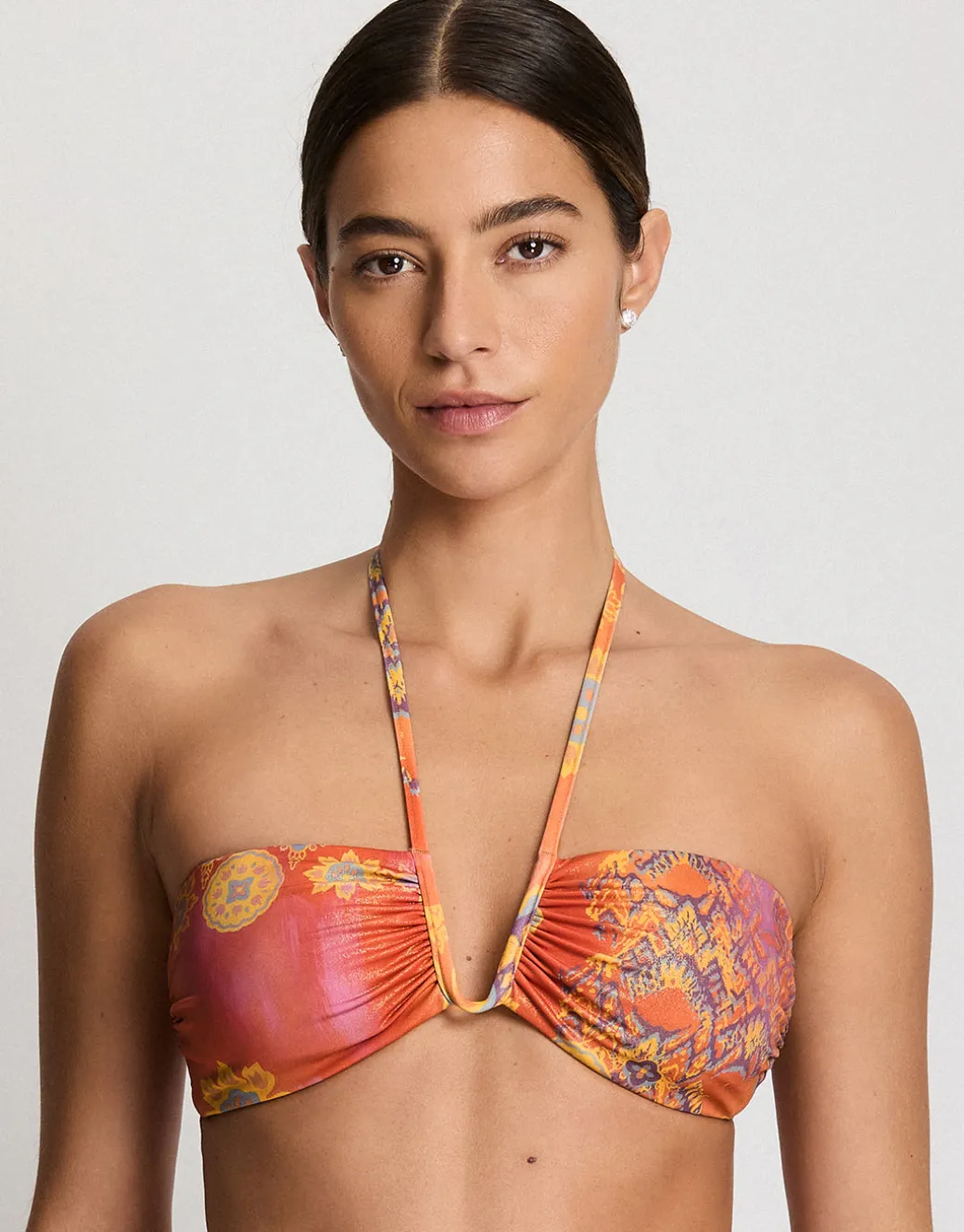 Medallion Shimmer Shirred U Wire Bandeau Bra Bikini Top - Multi