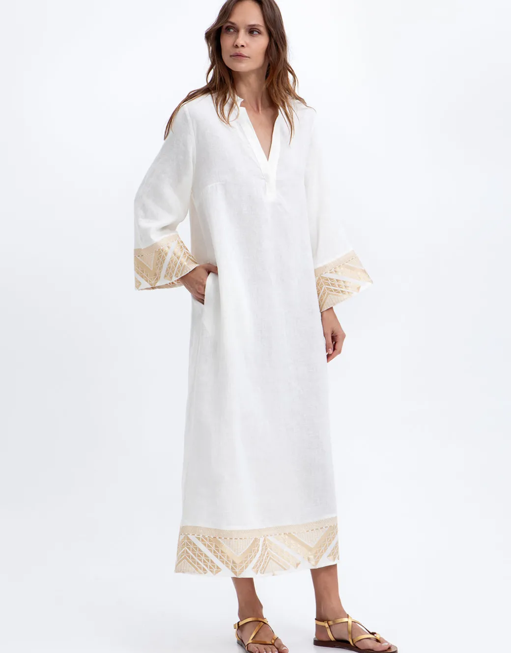 Pyramids Kaftan Dress - White and Gold