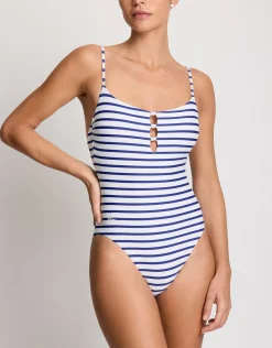 Seaside Stripe Knotted Keyhole Swimsuit - Blue and White