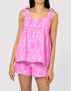 Small Flower Block Print Tie Shoulder Top - Orchid