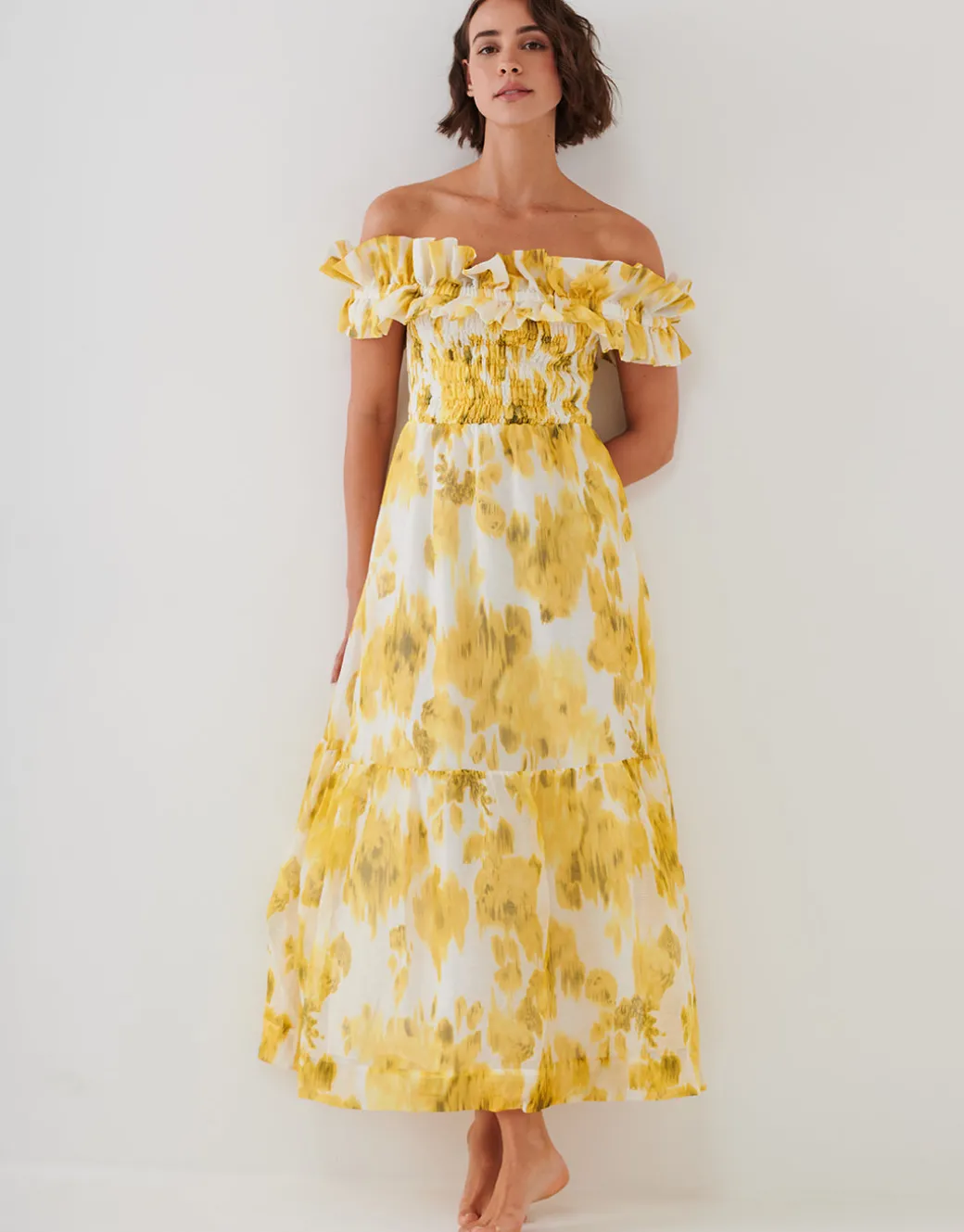 Soft Focus Florals Ruffle Bandeau Midi Dress - Vivid Yellow