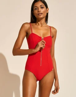 The Bloom Zipped Bandeau Swimsuit - Radiant Red